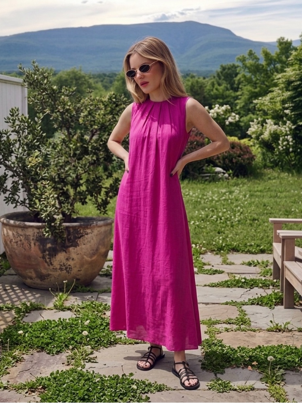 & Other Stories Vibrant Pink Sleeveless Tie Back Drapes Maxi Dress